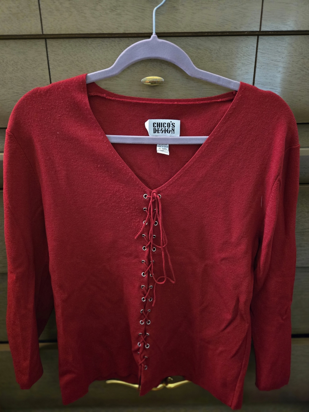 Chico's Red Lace-Up V-Neck Sweater